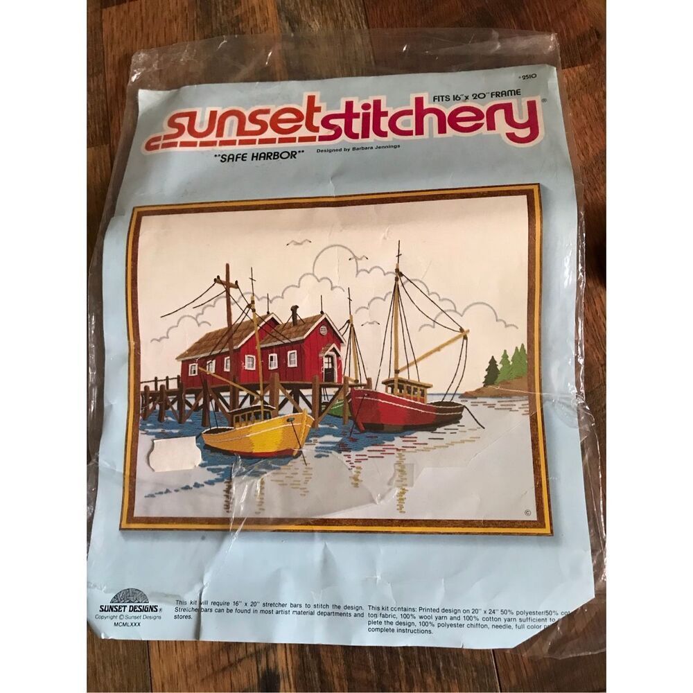vintage1980 Sunset Stitchery Safe Harbor needlepoint kit #2510 partly completed